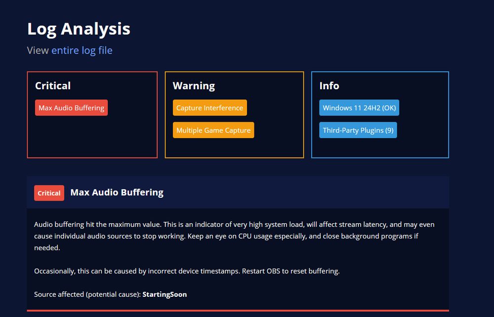 A screenshot of an OBS log analyzer page
Showss a mix of "critical" , "warning" and "info" items

A critical issue is shown with an explanation of how to fix it