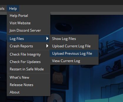 A screenshot of the top bar of OBS

Help is highlighted, with sub menu "log files" then "Upload previous log file"