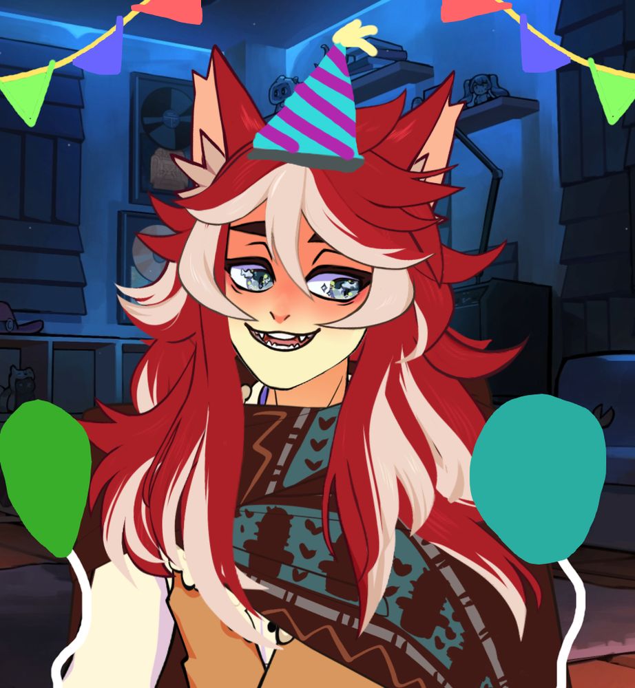 Screnshot of lasso catsidy, a redheaded catboy vtuber in western wear
JLasso is smiling and surrounded by birthday party objects