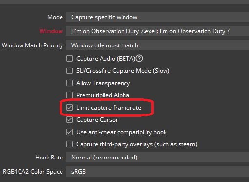 Picture of an OBS properties panel for Game Capture
A red circle is around the "limit capture framerate" setting with a check in the box for that setting to be applied