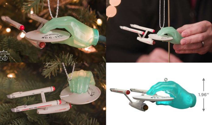 Four views of a Christmas ornament of the original series Enterprise being held in place by a green hand.