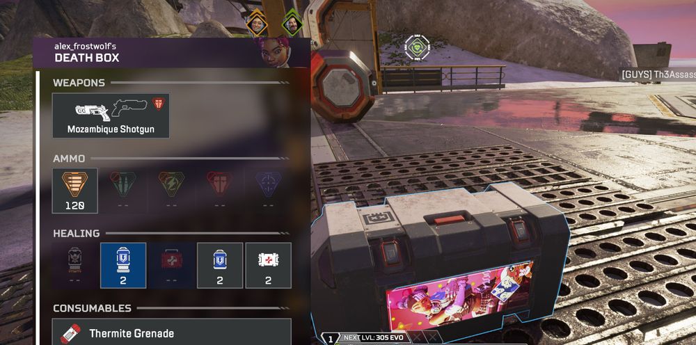 alex_frostwolf's Death Box in Apex with one Mozambique, light ammo, and more.