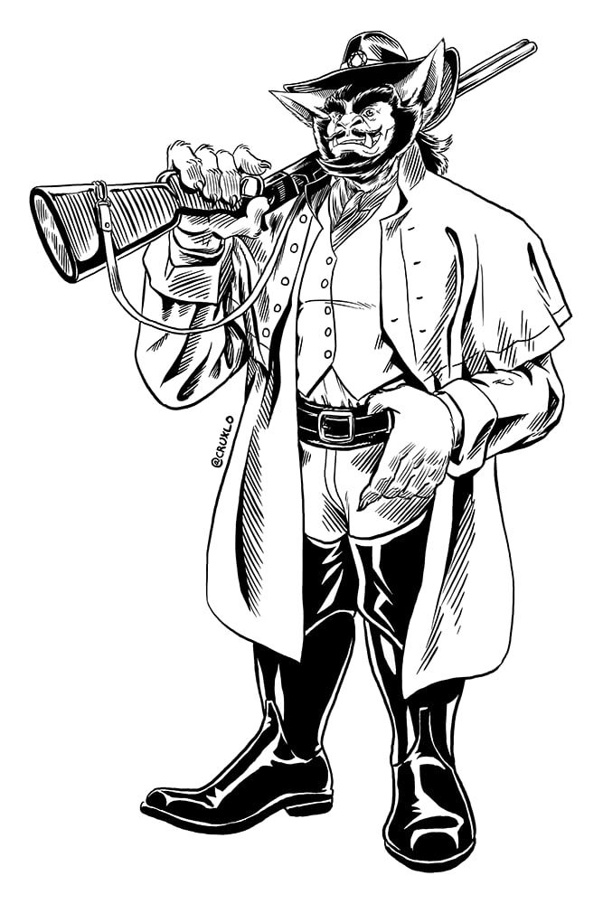 A Bugbear wearing an old west outfit, carrying a shotgun.
