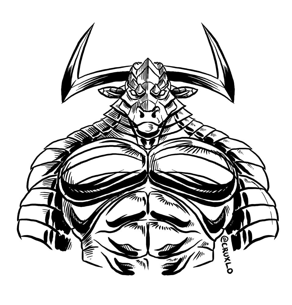 Steel, a Construct made to resemble a Minotaur, with blade-like horns, chrome plating, and a broad sculpted muscular chest.