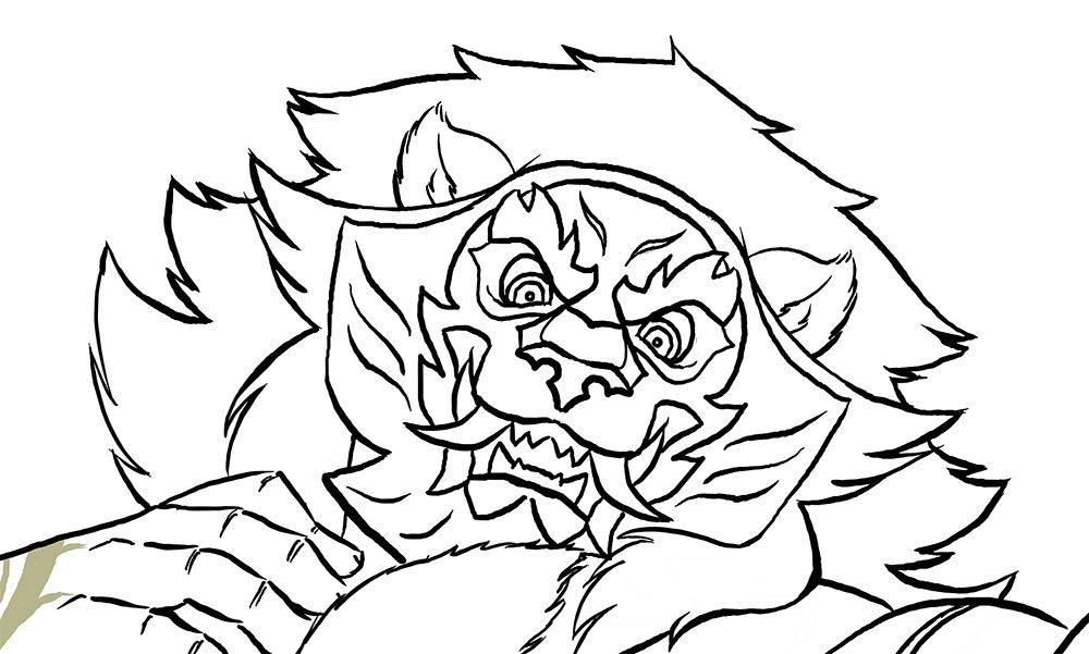 Lineart for an illustration of a Leonin wearing a mask.