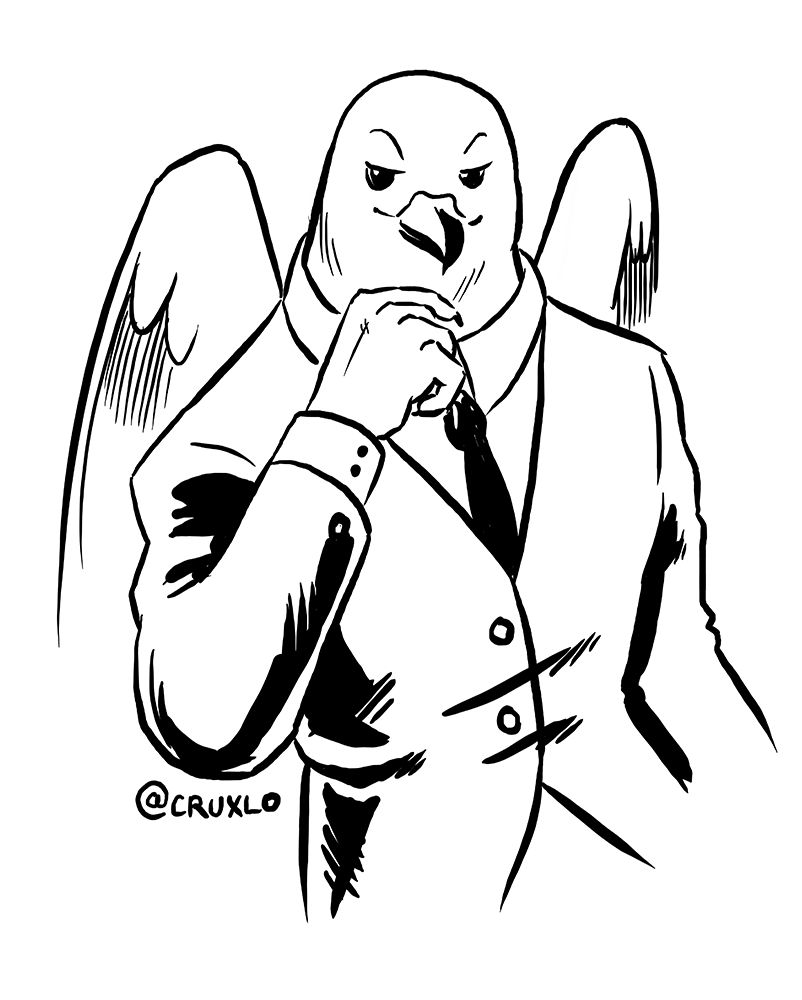 A mockingbird Aarakocra, dressed in a fine suit, rubbing a clawed finger along the feathers of their neck as they seem to consider something.