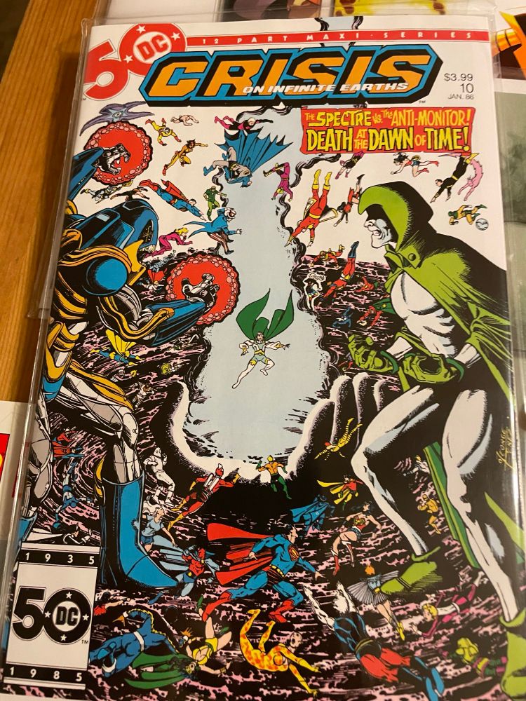 The cover to Crisis on Infinite Earths #10 as recently reprinted by DC Comics.