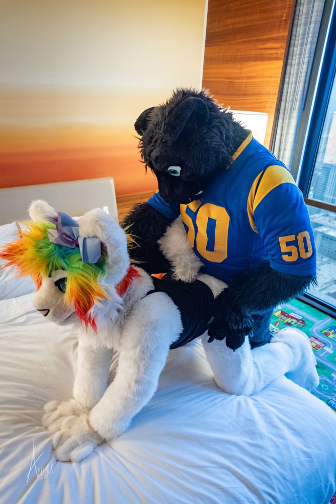 Derek and Revy, a black and white cat fursuiter respectively, engage in some horny play with Derek on top (side view).