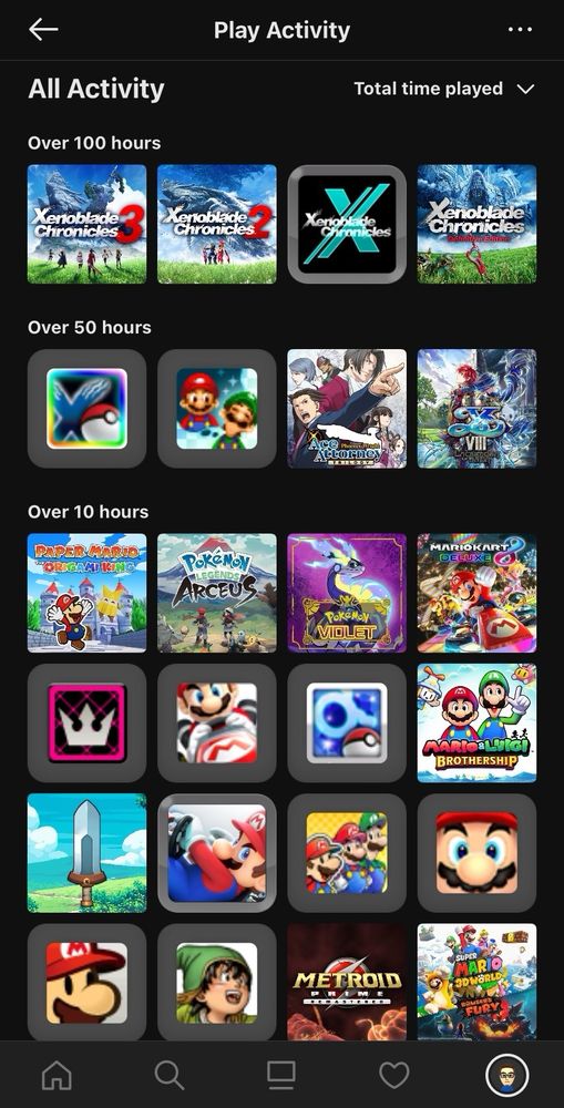 A list of played games sorted by playtime in the Nintendo Store app that has Xenoblade games at the top and then a bunch of Mario and Pokémon games under.