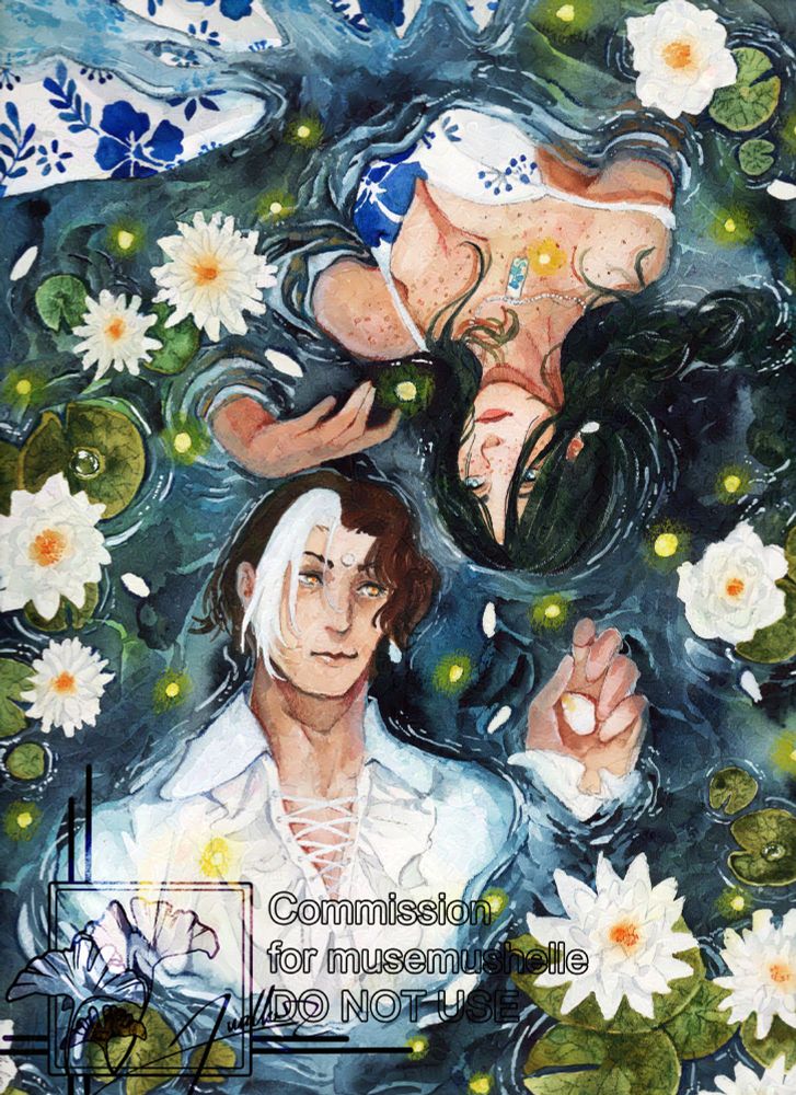 Watercolor pianting of two character a WoL and Eme-Selch floating in water while facing each other
Commission for musemushelle 
DO NOT USE