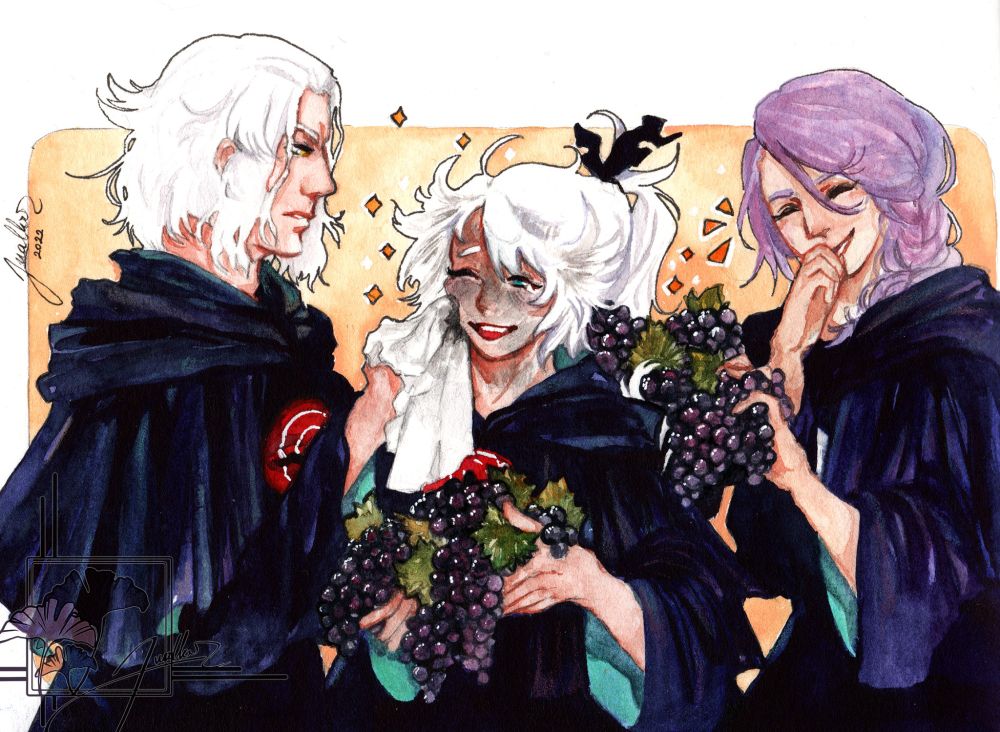 A Watercolor sketch of the trio from game FFXIV
Featuring Emet-Selch while fuzzing over Azem, wiping the burnt ashes off their cheek while Azem in middle smiles, proud, holding bunch of grapes, behind him is Hythlodaeus laughing as he picks even more grapes from Azem's hood.