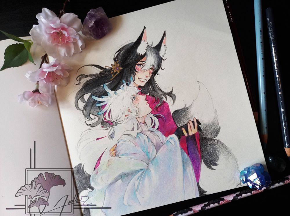 A pencil drawing of two characters holding hands.