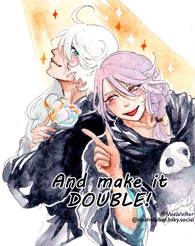 Painting of Azem  with now joined Hythlodaeus pointing to Azem "And make it Double!"