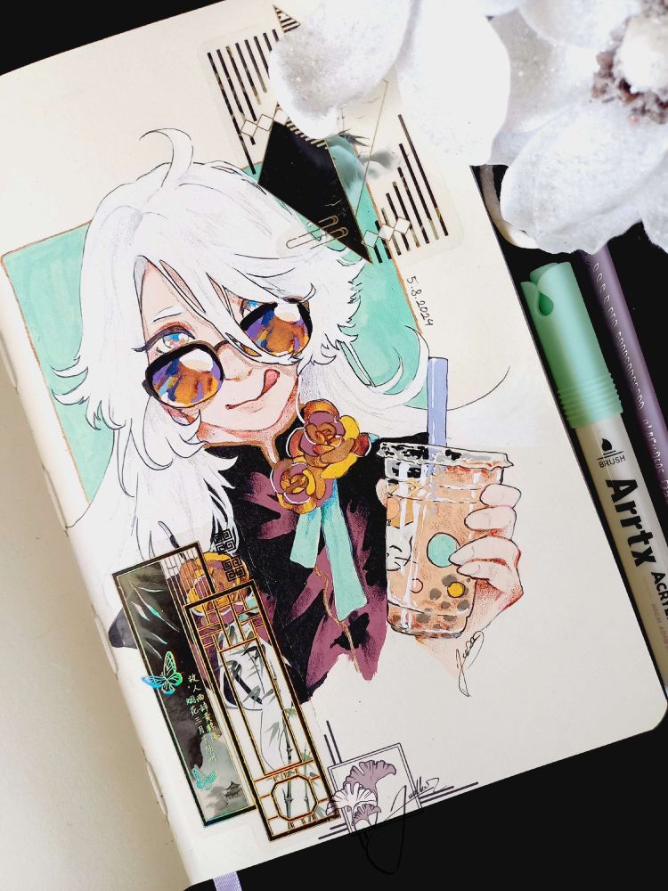 A colorful drawing in sketchbook, depicting white haired character with sunglasses, licking their lips and holding a boba tea.
(Fun fact I never tried boba tea but I know my friend is obsessed with them, lol)
