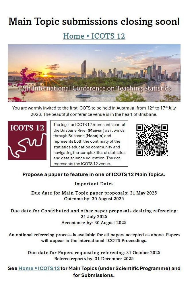 Poster invting submissions for the ICOTS12 (International Conference on Teaching Statistics) conference. 

Important Dates

Due date for Main Topic paper proposals: 31 May 2025 Outcome by: 30 August 2025 Due date for Contributed and other paper proposals desiring refereeing: 31 July 2025 Acceptance by: 30 August 2025