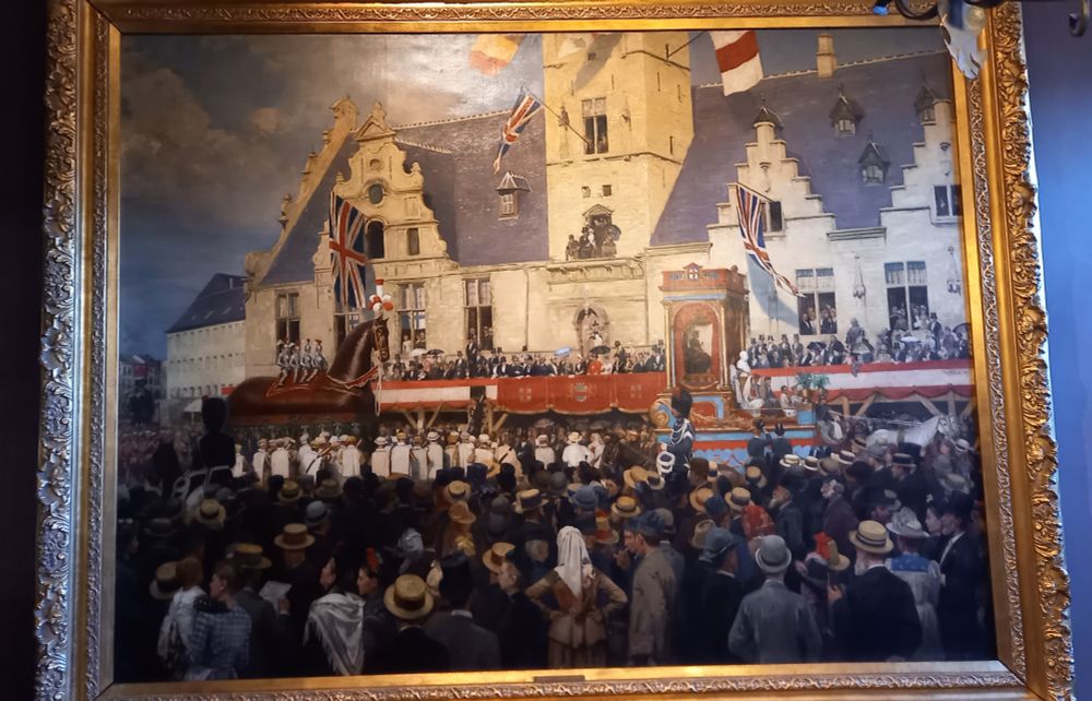Ros Beiaard ommegang in Dendermonde in 1888 ter ere van het bezoek van Polydore de Keyser. Schilderij hangt in het stadhuis van Dendermonde.