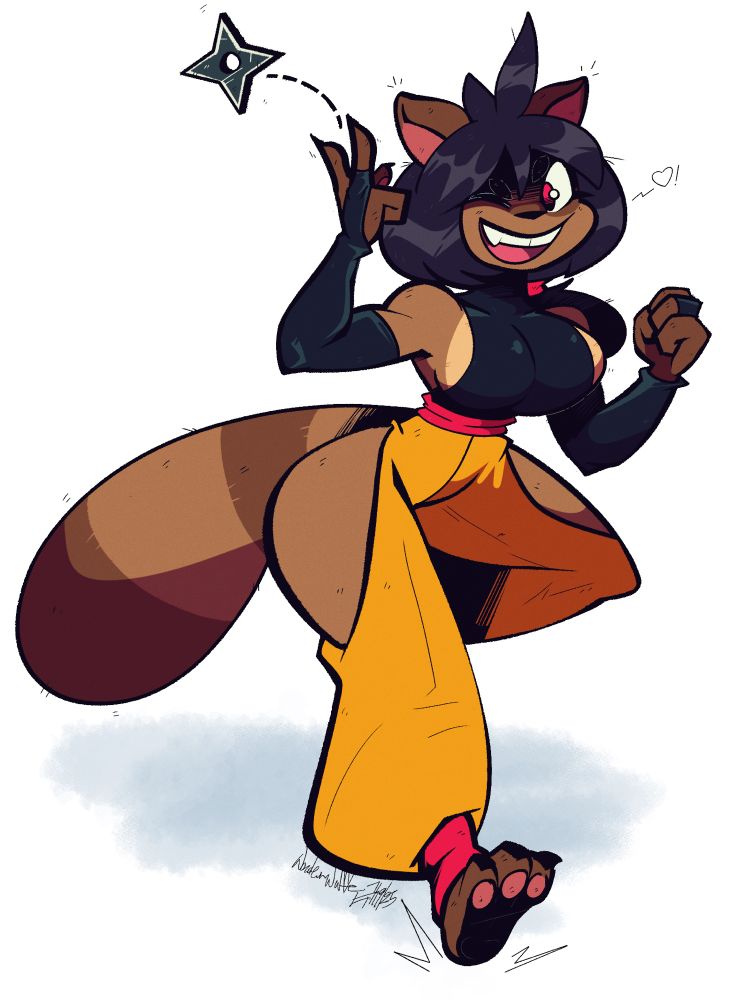 A portrait of Kimiyo Kyoji.
She is seen taking a dash and posing to the viewer. A ninja star slipping from her fingers as she winks. 