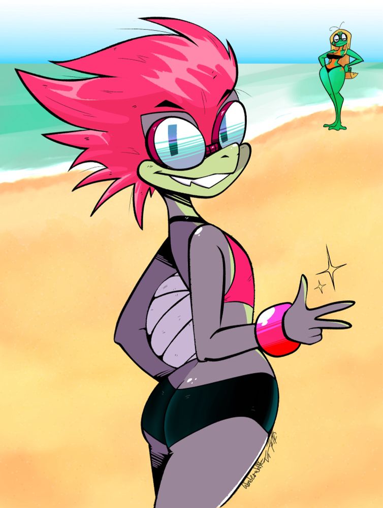 A portrait of Hedy the shark girl.
She is looking back at the viewer? Greeting them and with a volleyball under her arm.


Mosh the frog can be seen in the background.