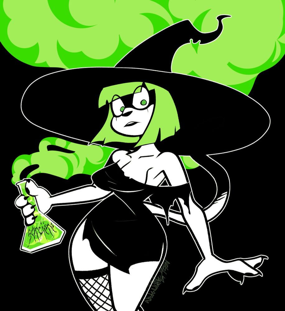 A reposted piece of art of Murf the cat, wearing a large witch hat and a deadly potion on one hand 