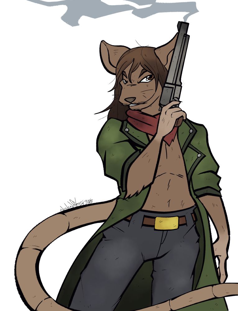 A rat brandishing his revolver. He seems to have just got done unloading a round. From the expression on his face it seems he has landed his shot and caught your attention too.