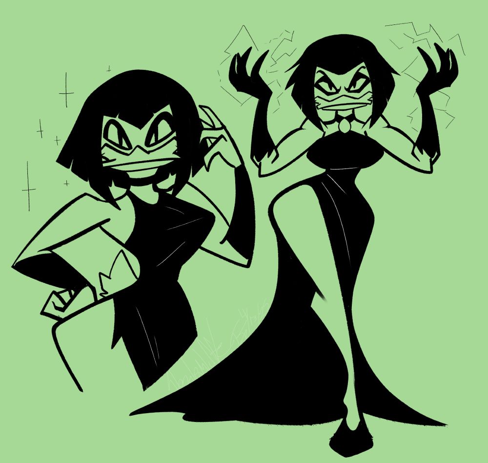 Two drawings of Magica De Spell from Ducktales