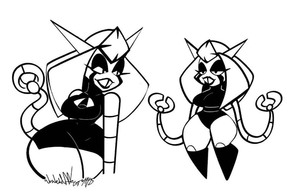 Two quick drawings depicting Sheep the robot girl. The right side being more of a streamlined look.
It almost looks like she is admiring herself