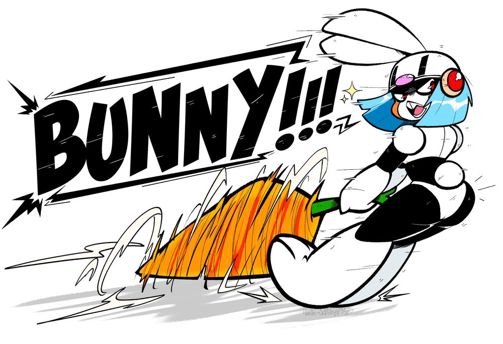Bunny Woman can be seen here holding her mighty carrot sword drill.
It’s spinning in motion: giving her a boost as she shouts “Bunny!!!” as a battlecry.
The hit will be destructive. 