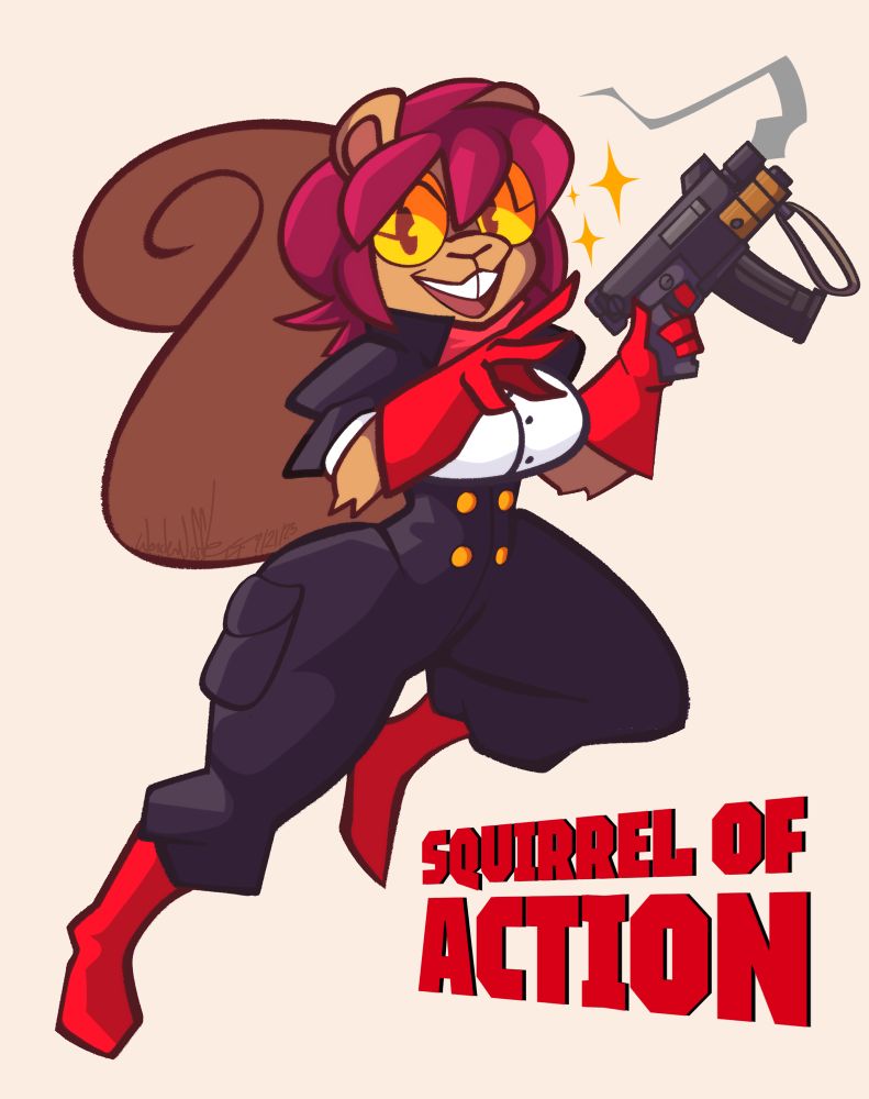 Harlie B. Oakengun

She is seen posing with a small firearm in one hand.
The title “Squirrel of Action” on the lower right of the image.