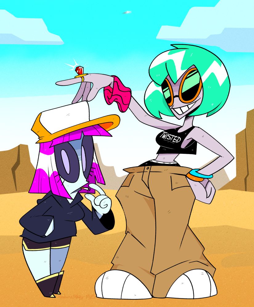 Dulce on the left and Rosie on the right.

The two seem to be in the middle of nowhere.
Dulce seems to be smoking while Rosie brandishes a candy ring.

A strange unidentified flying object can be seen. Both unaware. 