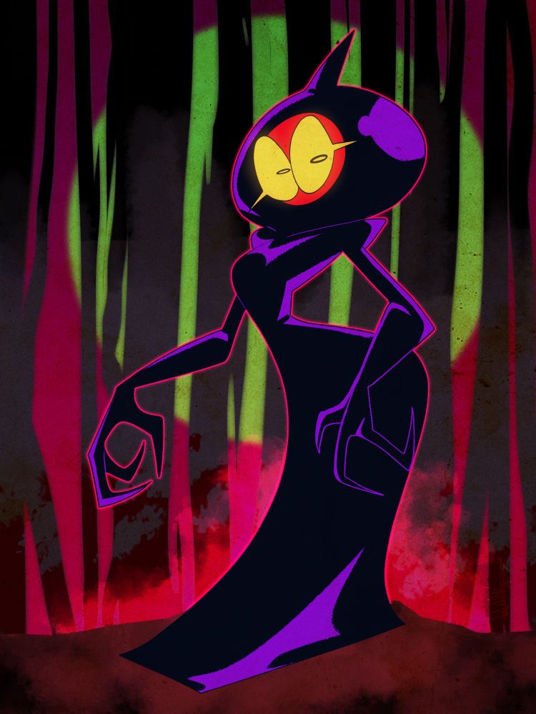 A portrait depicting the flatwoods monster.
She can be seen looking at the viewer, a backdrop of sharp wooded trees block the view of the moon…or possibly spacecraft she came in….