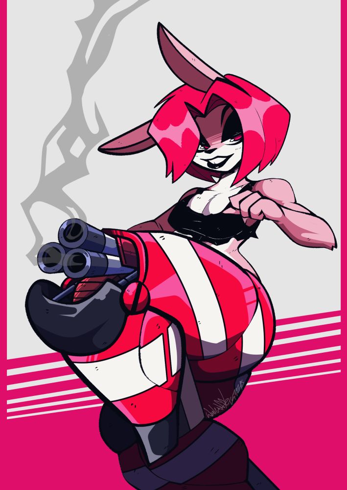 A portrait portraying Cherry Lee, the cybernetic bunny. A triple barrel weapon can be seen protruding out her knee, indicating that the machinery the legs store and hide an arsenal of weapons and other gadgets.