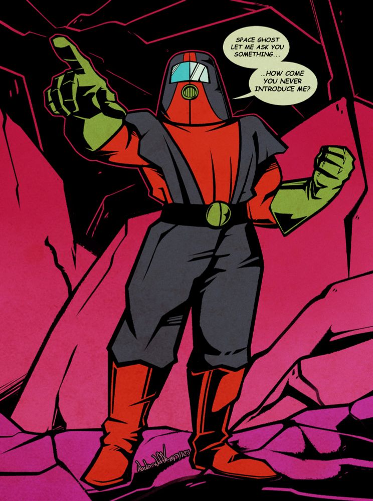Moltar wants Space Ghost to introduce him.

He’s only the director. Nobody sees or cares about him, unlike Space Ghost and Zorak.


He is pointing in this image, directly asking Space Ghost this question. 