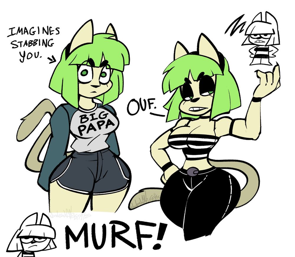 A few drawings of Murf the cat girl. She is seen here wearing two different styles of attire including two doodles of her. 