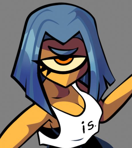 A close up view of Krim the cyclops.

She is wearing a tank top with a black body suit. Her eye is focused at the viewer.