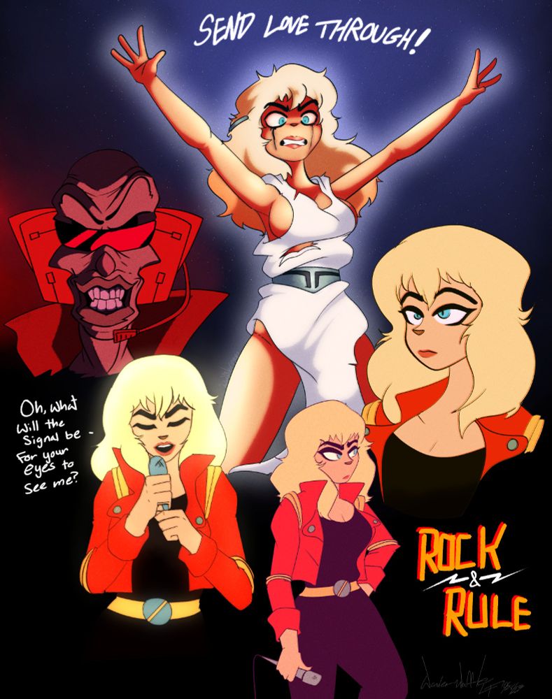A repost of a piece I really still love from the Rock & Rule animated film by Nelvana (1983). We have mostly Angel here and the villain Mok on the left.