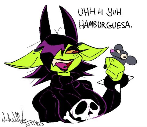 Sopa the demogoblin looking at a rat she just picked off the floor, ready to take a huge bite out of it.