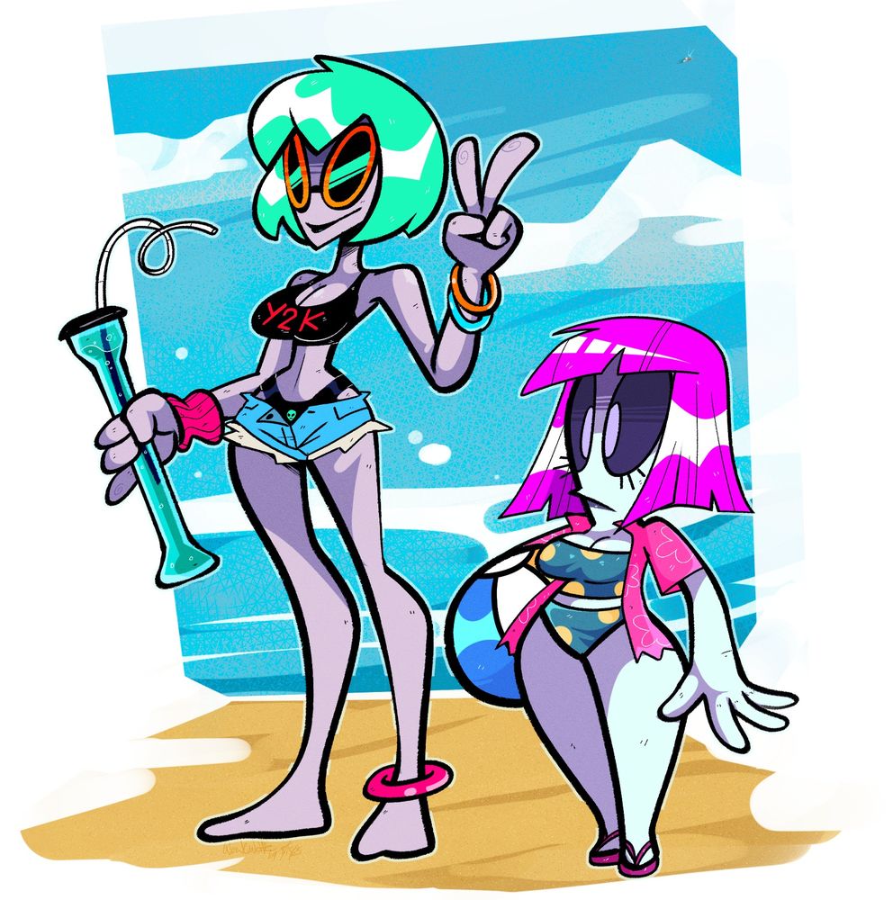 Rosie (left) and Dulce (right)

Rosie is throwing up the universal symbol of peace, holding a large yard cup filled with some sort of beverage.

Dulce meantime seems to be holding a beach ball.