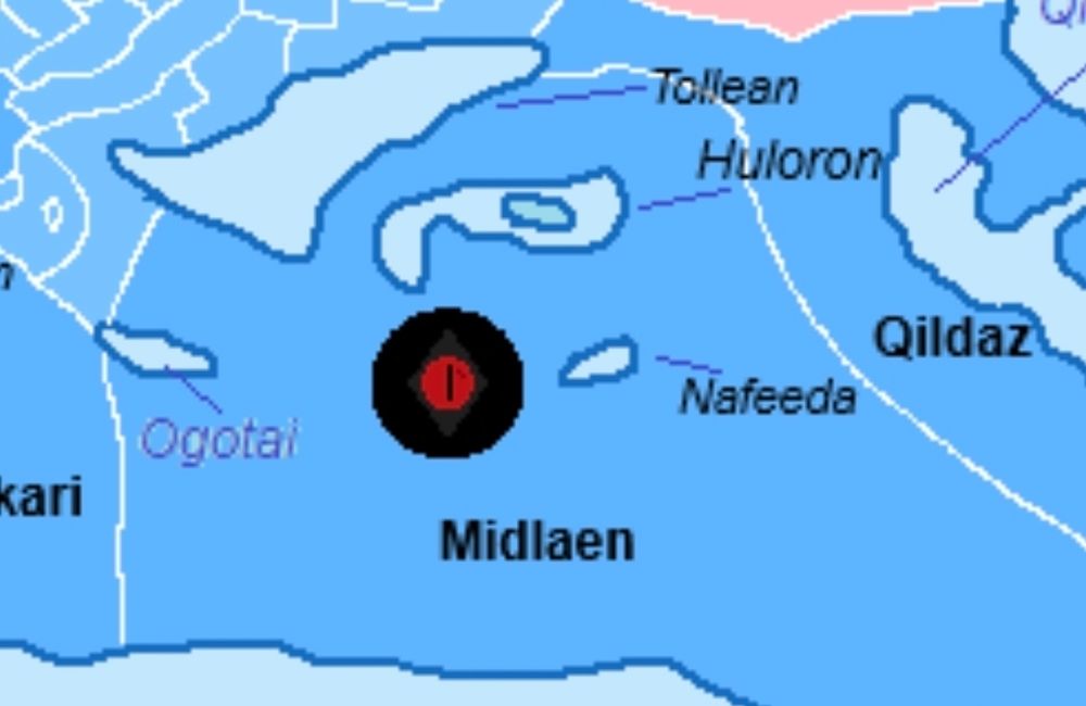 A zoom in on a country called Midlaen in an mspaint map. There's a giant evil demonic eye in the middle of the country. I don't explain what that is in the post. :)
