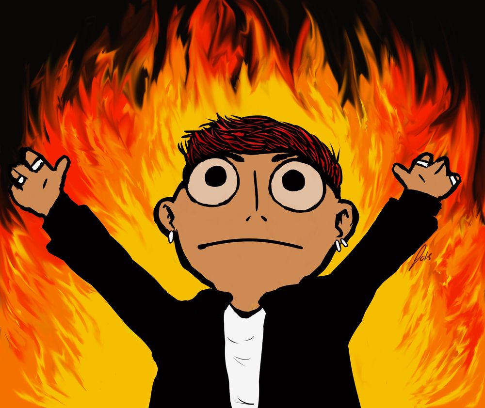 An Elmo muppet style drawing of Ren Gill with his arms raised, surrounded by fire.