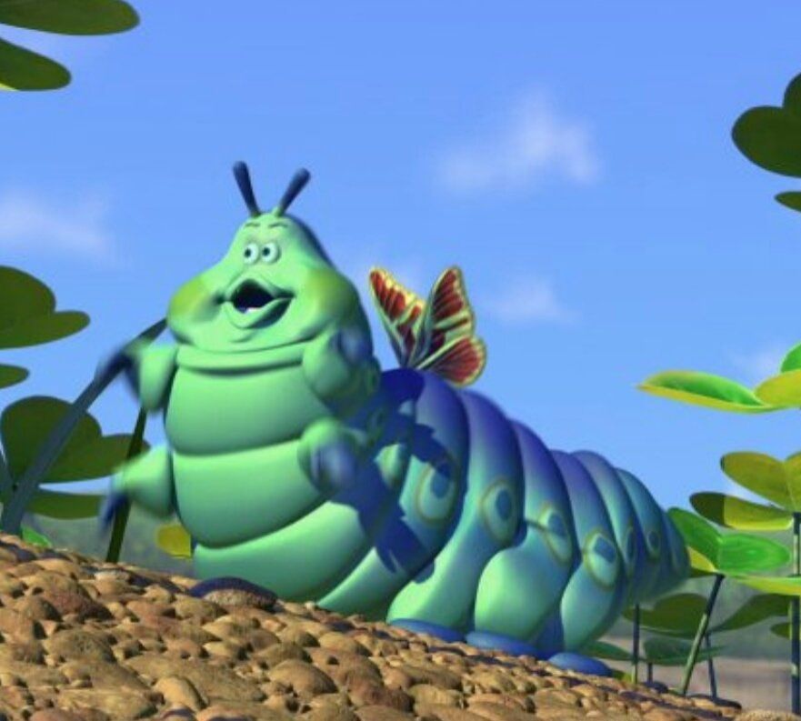 Personagem lagarta Chucrute da animação Vida de Inseto, após metamorfose vira borboleta. É uma lagarta verde bem rechonchuda com asinhas de borboleta.