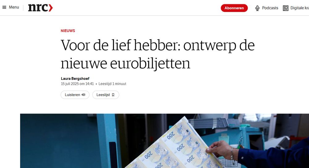 Kop boven NRC-bericht: "Voor de lief hebber: ontwerp de nieuwe eurobiljetten" (waarin 'lief hebber' dus met een spatie staat geschreven).