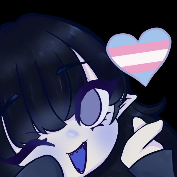Tiny blue doppelgänger gives a sassy wink as she presents a heart bearing the colors of the trans flag (blue, pink, & white).