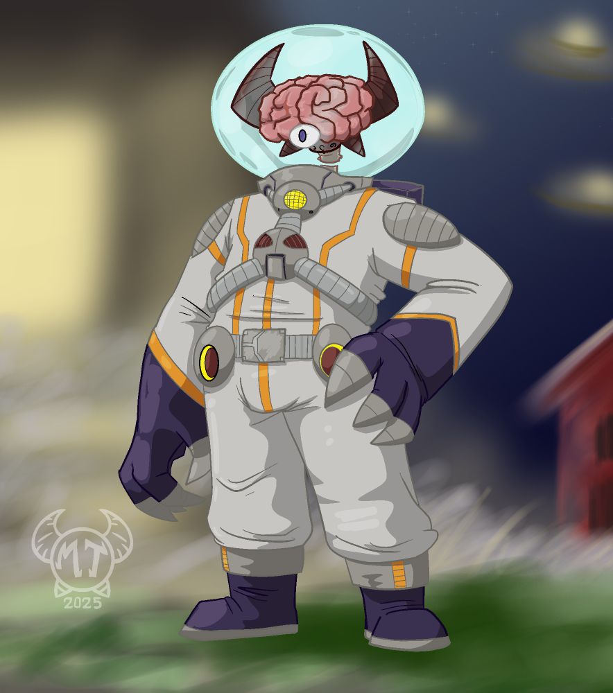My sona, Thanatos, wearing an astronaut/spaceman outfit.  His normal floating eyeball head is now a floating brain with a singular eye looking out underneath the lumps of pinkish gray-matter.  