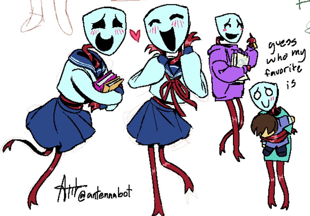 Gangle drawings from The Amazing Digital Circus, two of them are in her school girl outfit from episode 5 looking very happy, one is her in an oversized purple hoodie holding her sketchbook close to her chest, and the last one is her in a big teal t-shirt while she hugs a big plushie of haruhi from ouran highschool host club