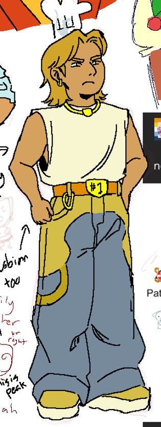 Humanized version / gijinka of Trophy from inanimate insanity, wearing a baggy sleeveless t-shirt and baggy jeans with a yellow pattern over it, with a thick belt cinching it all together, the belt buckle has a gold plated #1 on it!