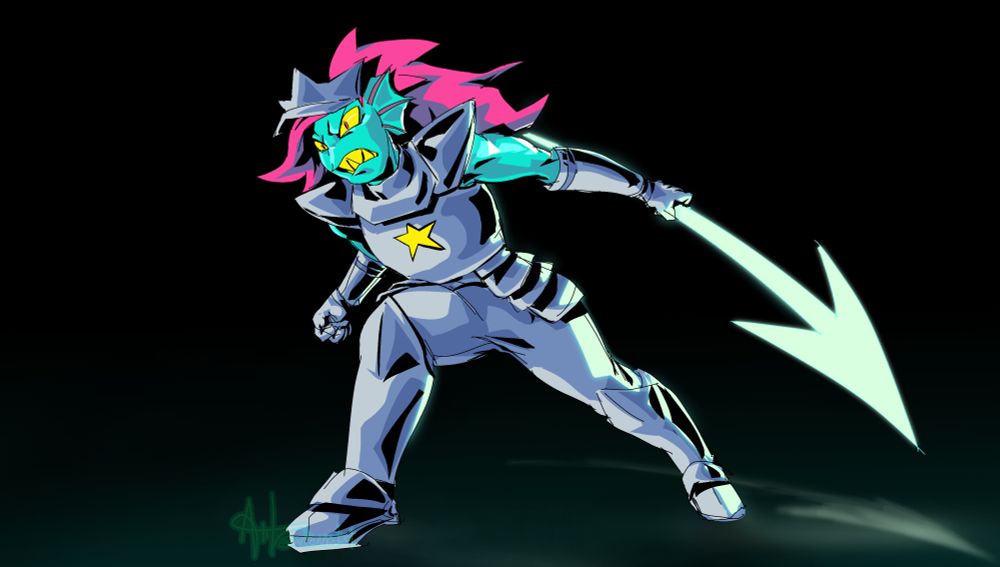 Undyne's darkworld form at the end of Deltarune Chapter 3. She's holding a spear in her left hand in a pose that makes her out to be ready to charge forwards. Her armor is very shiny and reflects the light of her spear.