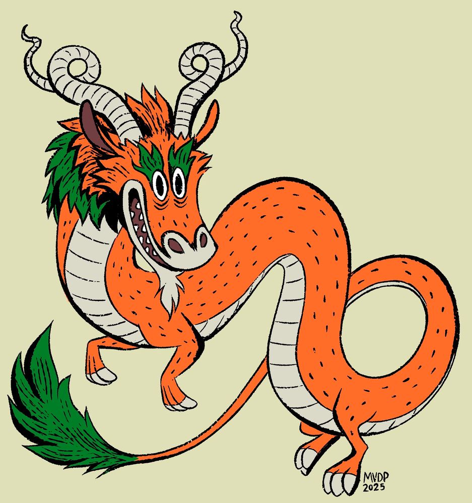 Two-dimensional drawing of an orange, serpent-like dragon with a green mane and tail with a tan belly and curly horns. 