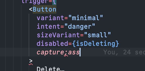 A snippet of code showing an autocomplete suggestion gone wrong resulting in writing "capture;ass"