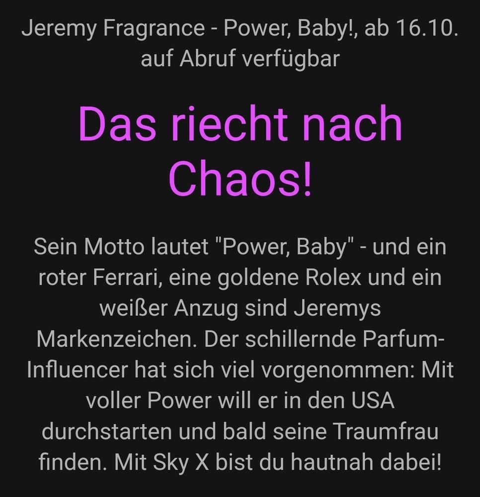 Sky Werbung für Jeremy Fragrance