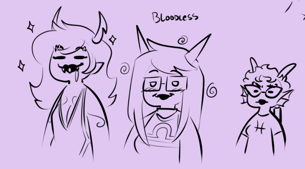 Porrim maryam and Latula pyrope looking happy, latula has the word bloodless above her with little spirals around her head, porrim has sparkles around her with blood on the corner of her mouth, and meenah peixes looks at them in mild annoyance. (maybe in a homophobic manner, who knows)